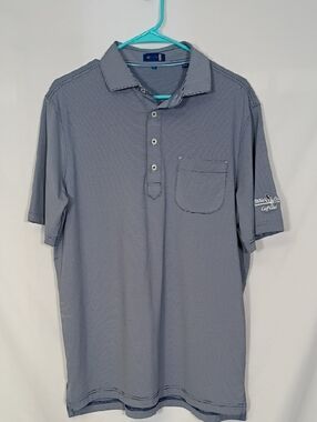 EUC Stich Golf Atlantic Stripe Polo Mens Size Medium White Eagle Gold Club Logo